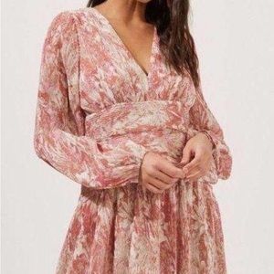 ASTR The Label Long Sleeve Plisse Wrap Front Pink Floral Cocktail Dress, Medium